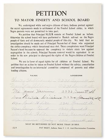 (CIVIL RIGHTS.) INDIANA. Petition. To Mayor Finerty and School Board.